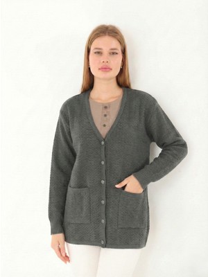 Lanze Anne Düğmeli Dolu Örgü Büyük Beden Triko Hırka 1606