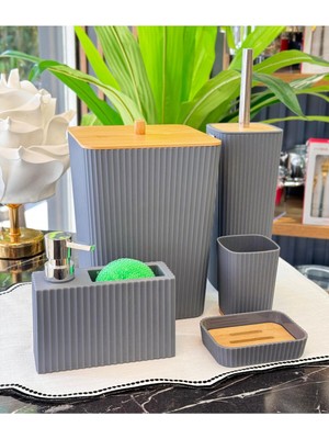 UltraMint Şık 5 Parça Akrilik Bambu Banyo Seti Gri