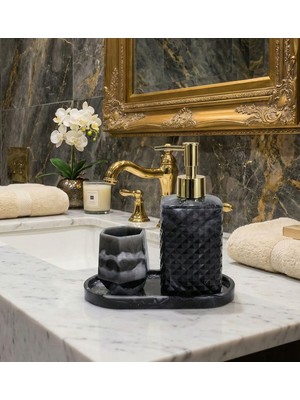 UltraMint Siyah Epoksi Banyo Seti: Sıvı Sabunluk, Diş Fırçalık ve Sunum Tepsisi