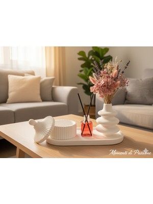 Momenti Di Passione 5 Parça Bohem Dekorasyon Seti; Beyaz Taş Tozu Vazo, Kapaklı Saklama Kasesi, Fresh Bambu Oda Kokusu ve Oval Sunum Tabağı