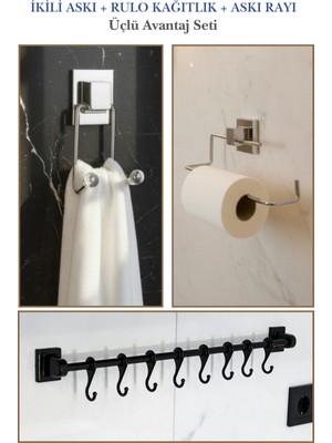 UltraMint 3'lü Krom Banyo Seti: Raf, Havlu Askısı ve Tuvalet Kağıtlık