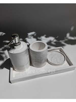 UltraMint Mermer Görünümlü Banyo Seti, Dikdörtgen Tepsi, Sıvı ve Katı Sabunluk, Diş Fırçalık