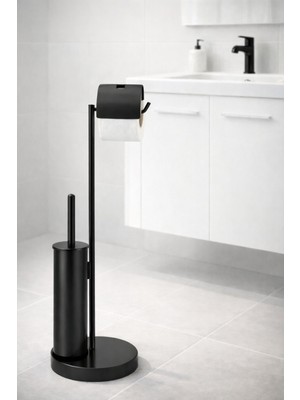 UltraMint Şık Siyah Mat Ayaklı Tuvalet Kağıtlığı ve Wc Fırçası Seti