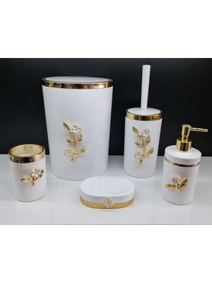 UltraMint Şık 5 Parça Yuvarlak Akrilik Banyo Seti Beyaz ve Gold Papatya Deseni