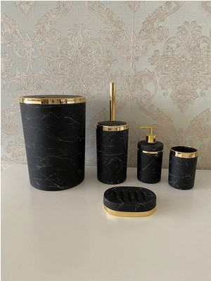 UltraMint Mermer Desenli Mat Banyo Seti, Wc Fırçalık, Sabunluk, Çöp Kovası, Diş Fırçalık