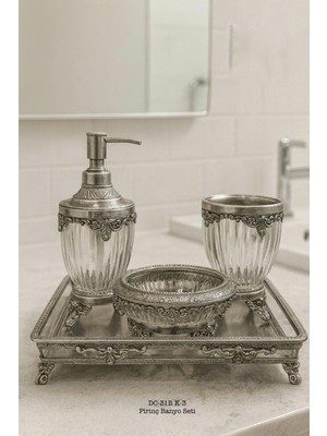 UltraMint Şık Kristal Motifli Aynalı Kare Tepsili Pirinç Banyo Seti, 4 Parça