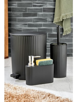 UltraMint 3 Parça Pedallı Banyo Seti, Çizgili Yuvarlak Çöp Kovası ve Fırça