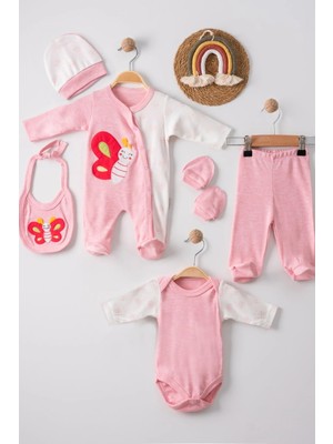 Hazego Kelebek Nakışlı Tulumlu % 100 Pamuk Kız Bebek 5'li Set