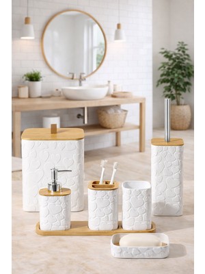 UltraMint Desenli 7 Parça Bambu Banyo Seti, Kapaklı ve Aksesuarlı, Şık ve Kullanışlı