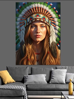 Tablomega Tüylü Şefli Kızılderili Kadın Dekoratif Kanvas - Mdf Ahşap Tablo