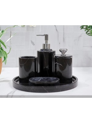 UltraMint Şık Siyah Mermer 5 Parça Banyo Seti, Sabunluk, Diş Fırçalık, Pamukluk ve Tepsi