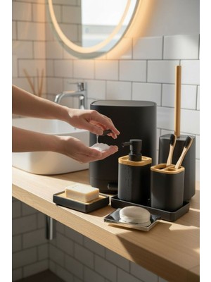UltraMint Şık 6 Parça Akrilik ve Bambu Banyo Seti Siyah