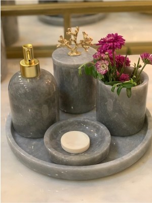 UltraMint Şık Gri Mermer Rolin Banyo Seti 5 Parça, Zarif ve Fonksiyonel Tasarım