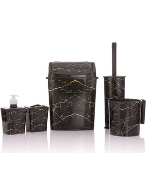 UltraMint Şık Siyah Mermer Desenli 5'li Banyo Seti, Pratik ve Estetik Tasarım