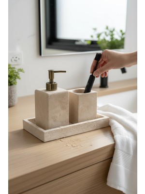 UltraMint Doğal Mermer Traverten Banyo Seti, Sabunluk ve Diş Fırçalık, Şık Tasarım