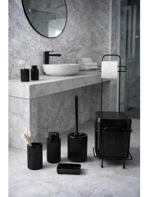UltraMint 6'lı Siyah Standlı Click Kapaklı Banyo Çöp Kovası Seti