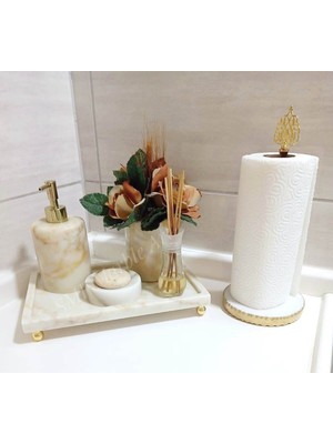 UltraMint Doğal Mermer Banyo Seti, Gold Top Ayaklı, Tek Parça, 5 Parça