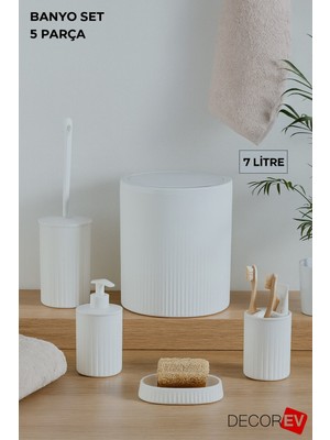 UltraMint Modern Çizgili 5 Parça Banyo Seti: Sabunluk, Sıvı Sabunluk, Diş Fırçalık, Tuvalet Fırçası ve Çöp Kutusu