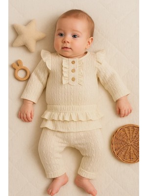 Hazego Büzgü Detaylı Fırfırlı % 100 Pamuk 2'li Kız Bebek Takımı