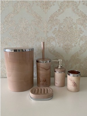 UltraMint Şık 5 Parça Mermer Desen Banyo Seti: Fırçalık, Sabunluk, Çöp Kovası, Diş Fırçalık