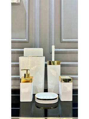 UltraMint Şık 5 Parça Akrilik Beyaz Gold Banyo Seti, Fırçalık ve Sabunluk Takımı