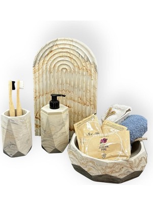 UltraMint Mermer Desenli Beton Banyo Seti, Sunum Tepsisi, Sıvı Sabunluk, Diş Fırçalığı, Havluluk