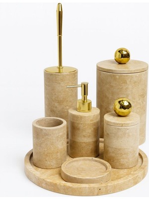 UltraMint Şık 7'li Doğal Traverten Banyo Seti, Evinize Zarafet Katın