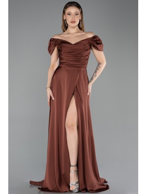 Abiyefon Kayık Yaka Yırtmaçlı Uzun Saten Abiye ABU4508