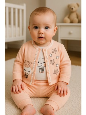 Hazego Lovely Yıldız Desenli 3'lü Hırkalı Kız Bebek Takım