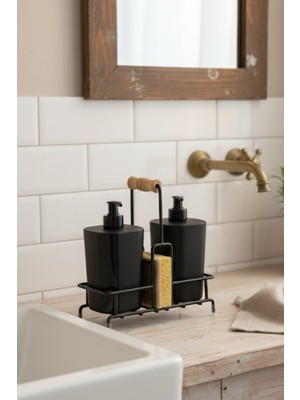 UltraMint Metal Standlı Siyah Begonya Çamaşır Suyu ve Sabunluk Banyo Seti