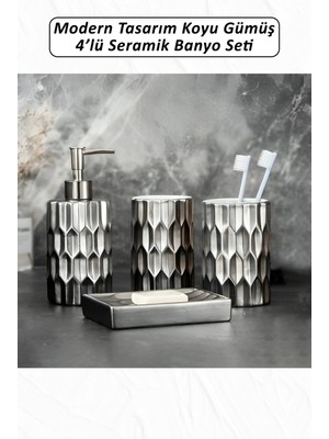 UltraMint 4 Parça Seramik Banyo Seti, Koyu Gümüş, Modern ve Şık Tasarım