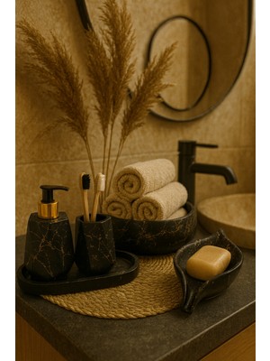 UltraMint 5 Parça Mermer Desenli Banyo Seti, Sabunluk, Diş Fırçalık, Havluluk ve Tepsi