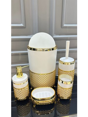 UltraMint Şık 5 Parça Akrilik ve Metal Beyaz Gold Banyo Seti