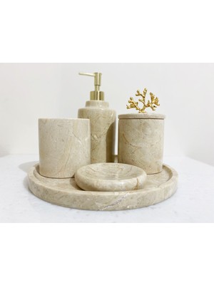 UltraMint Doğal Bej Mermer ve Gold Mercan Detaylı 5'li Banyo Seti