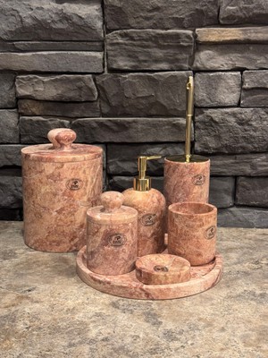 UltraMint Kırmızı Traverten Doğaltaş 7'li Banyo Seti, Şıklık ve Doğal Güzellik