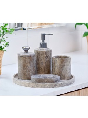 UltraMint Traverten Mermer Banyo Seti 5 Parça, Katı ve Sıvı Sabunluk, Diş Fırçalık, Pamukluk, Tepsi