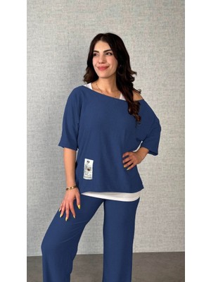 Başak Collection Kadın Kısa Kollu Omuzlardan Açık Yarasa Kollu Bürümcük Bluz ve Pantolon ve Viskon Atlet