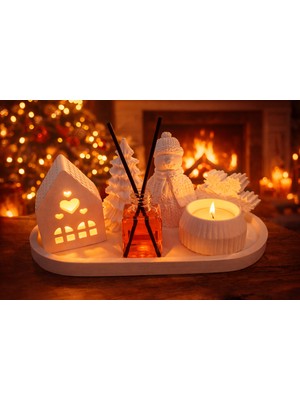 Momenti Di Passione Lüks Kış Konsepti 7’li Dekorasyon Seti; Beyaz Taş Tozu Kardan Adam, Çam Ağacı, Tealight Mumluk, Ev Figürü ve Fresh Bambu Oda Kokusu Kar Tanesi , Alt Tabağı Hediyelik Set