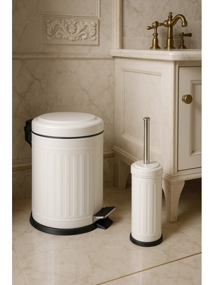 UltraMint Retro 2 Li Çöp Kovası ve Wc Fırçası Seti, Beyaz, 5 Litre