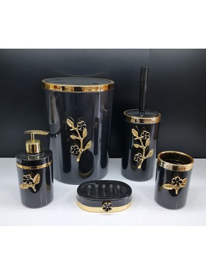 UltraMint Şık 5 Parça Yuvarlak Akrilik Banyo Seti, Siyah Gold Papatya Desenli