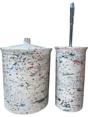 UltraMint Modern Terrazzo Desenli Seramik Çöp Kovası ve Tuvalet Fırçalık Seti