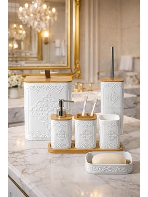 UltraMint Desenli 7 Parça Bambu Banyo Seti Aksesuarlı ve Kapaklı