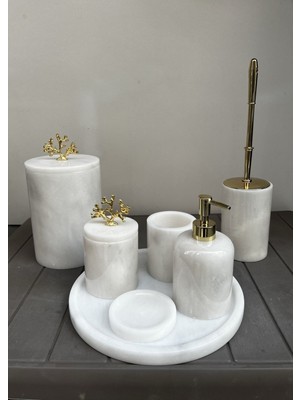 UltraMint 7'li Doğal Mermer Banyo Seti, Beyaz Gold, Şık ve Zarif Tasarım