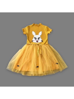 Hazego 5-6-7 Yaş Payetli Tavşan Baskılı Kız Çocuk Elbisesi Hardal