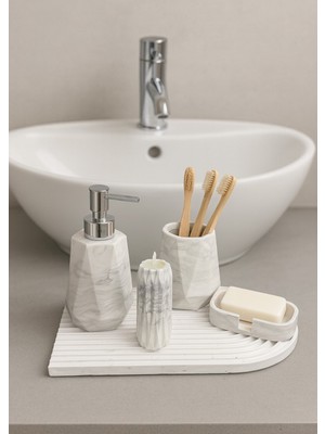UltraMint Mermer Dokulu 5 Parça Banyo Seti Sabunluk, Fırçalık, Mumluk ve Tepsi