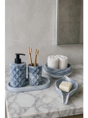 UltraMint Mermer Desenli 5 Parça Banyo Seti, Sabunluk, Diş Fırçalık, Havluluk, Tepsi