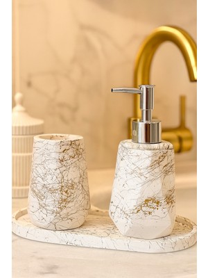 UltraMint Mermer Dokulu 3 Parça Gold Detaylı Banyo Seti: Sabunluk, Diş Fırçalık, Tepsi