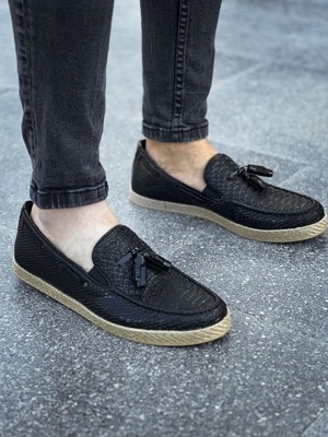 Zapatos CH141 Croco Erkek Günlük Bağcıksız Hasır Taban Loafer Cilt Klasik Ayakkabı Cht - Siyah