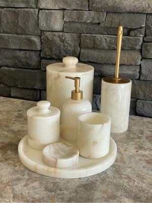 UltraMint Şeker Mermeri 7'li Banyo Takımı, Mermer Kulplu, Mat Gold Aksesuarlı