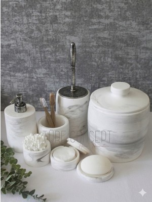 UltraMint Antik Gümüş Detaylı Mermer Görünümlü Beton Banyo Seti, Şık ve Modern Tasarım